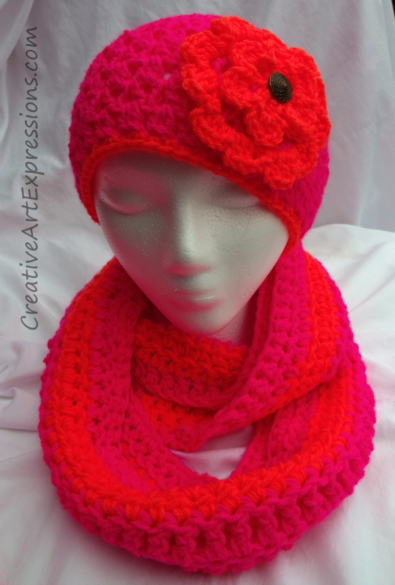 Creative Art Expressions Hand Crocheted Neon Pink & Orange Hat Gloves & Scarf Set