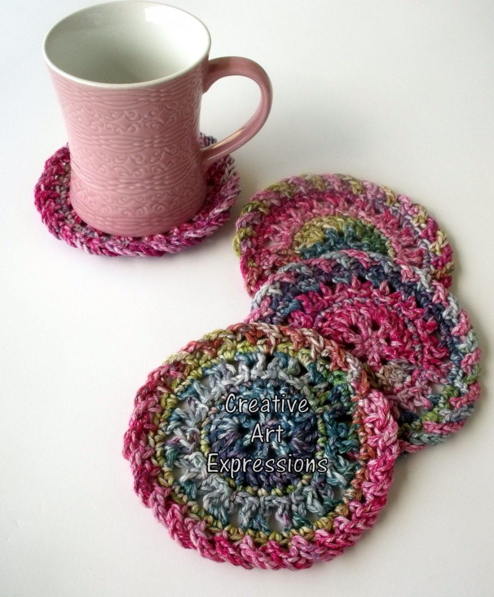 Pink Green & Purple Cotton Crocheted Coasters Round