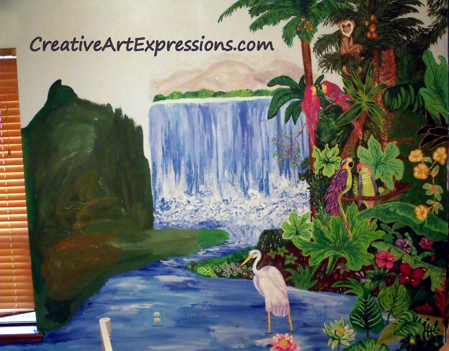 Creative Art Expressions Hand Painted Rainforest Wall Mural In Progress