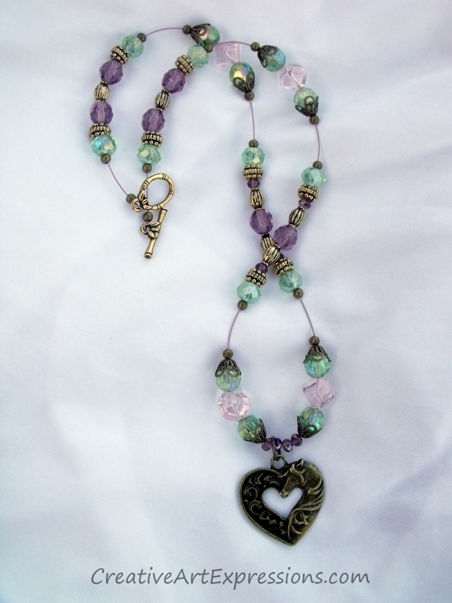 Creative Art Expressions Handmade Pink Green & Gold Horse Necklace Jewelry Design