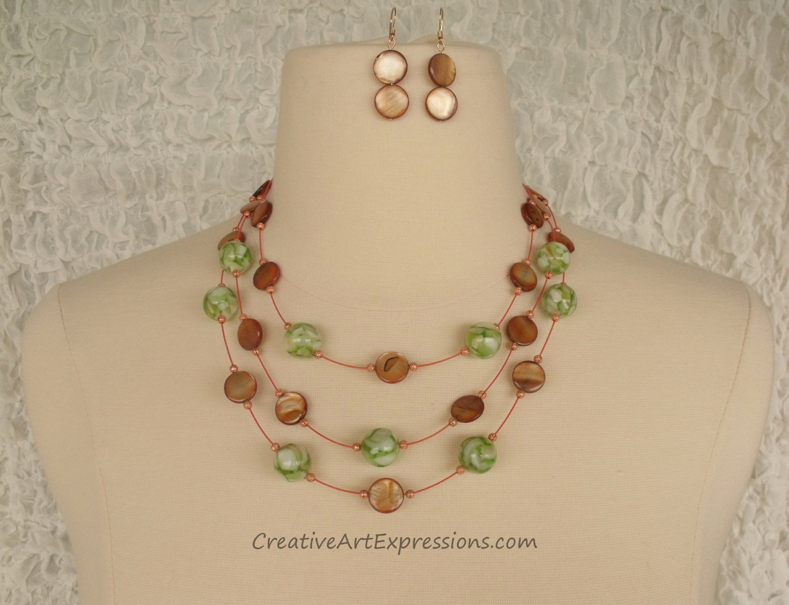 Green & Brown Mother of Pearl 3 Strand Necklace & Earrings Jewelry Design