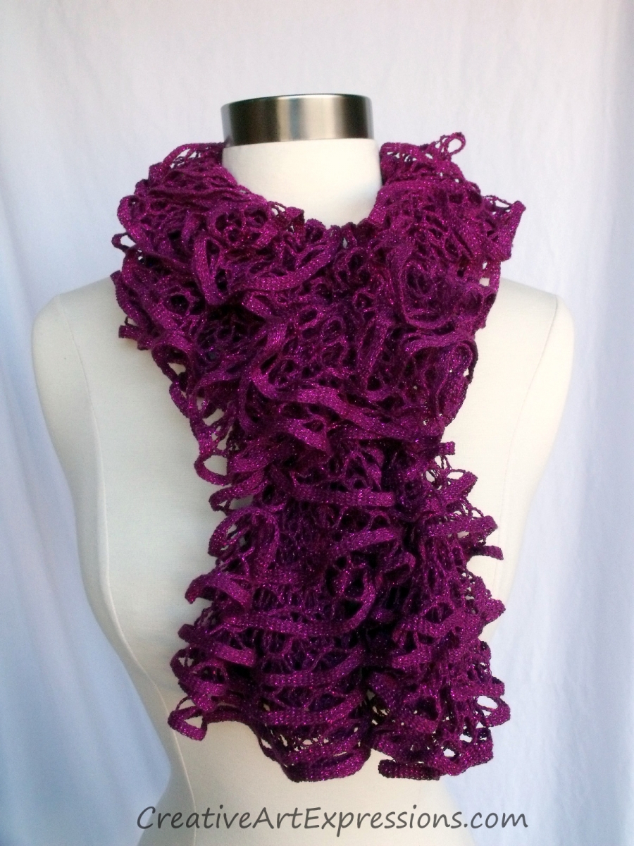 Creative Art Exrpessions Hand Knit Fuchsia Glam Ruffle Scarf