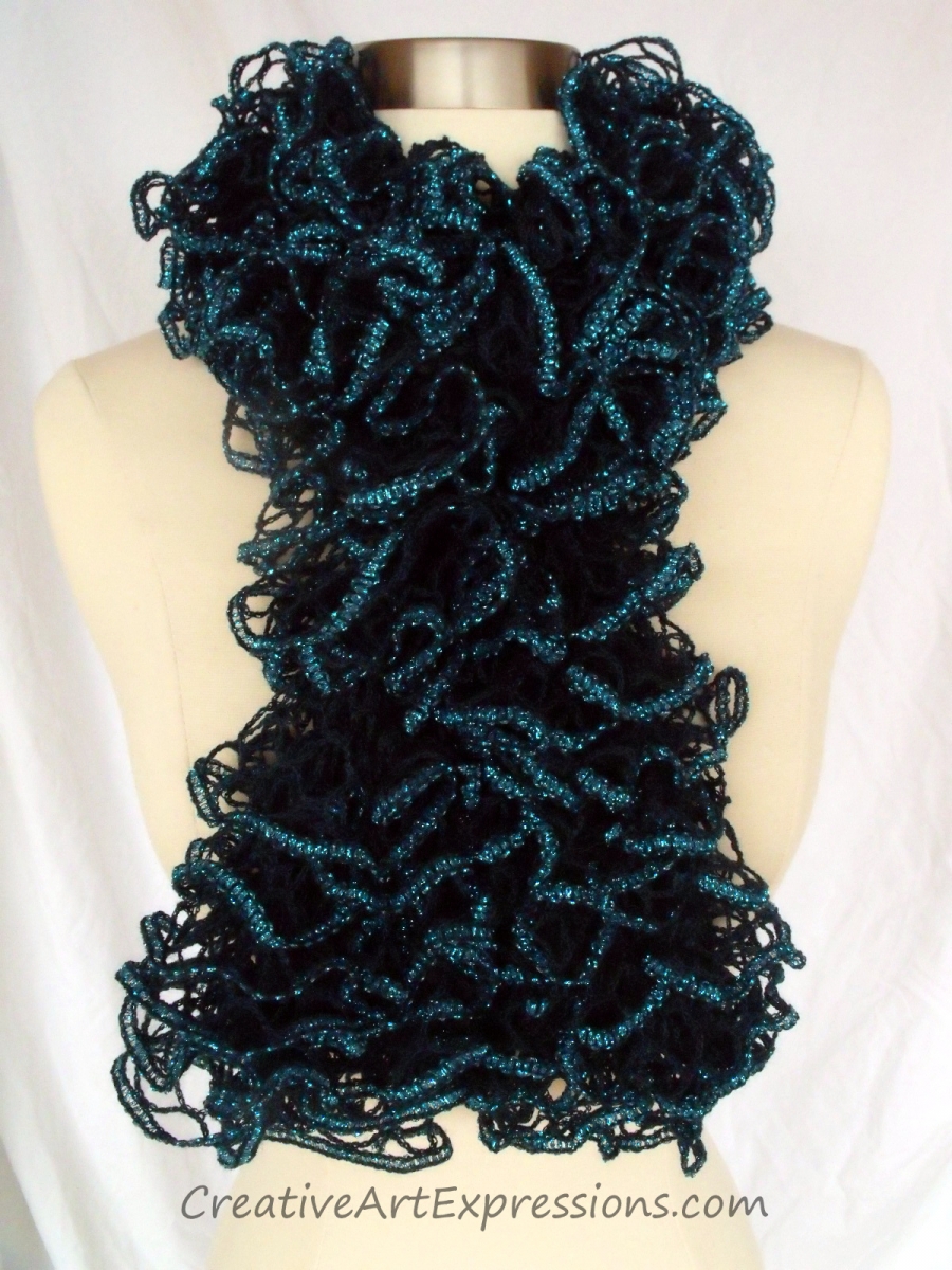 Creative Art Expressions Hand Knitted Peacock Ruffle Scarf