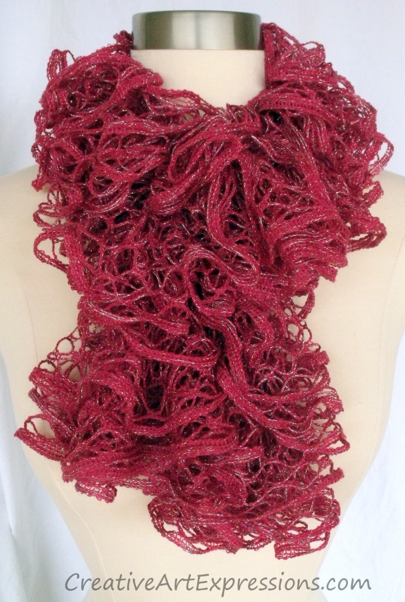 Creative Art Expressions Hand Knitted Rosewood Red Ruffle Scarf