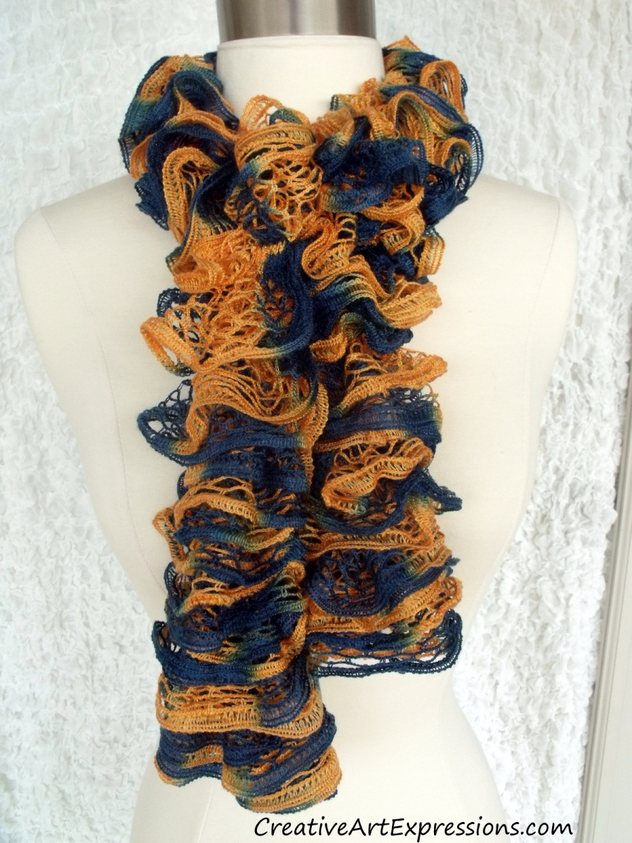 Creative Art Expressions Hand Knitted Navy Blue & Orange Ruffle Scarf