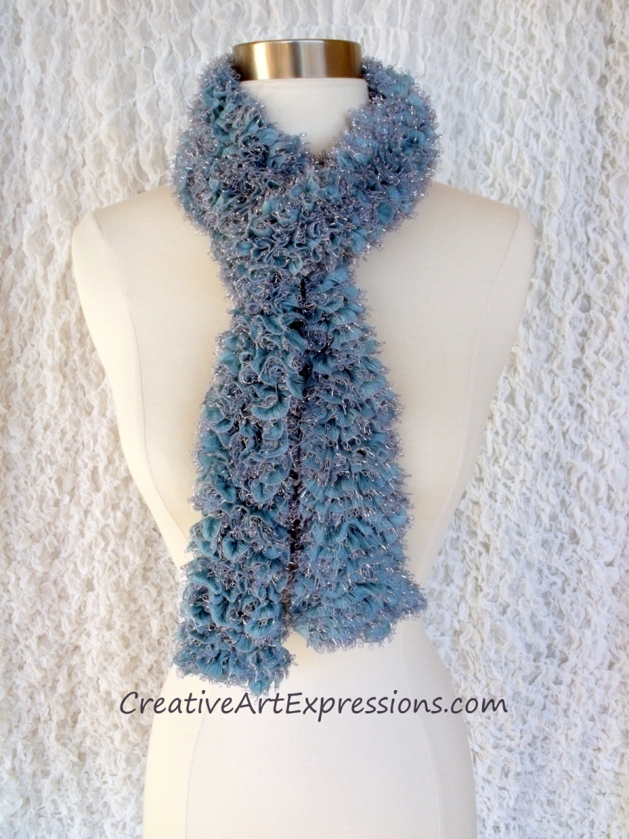 Creative Art Expressions Hand Knitted Ice Blue Ribbon Scarf