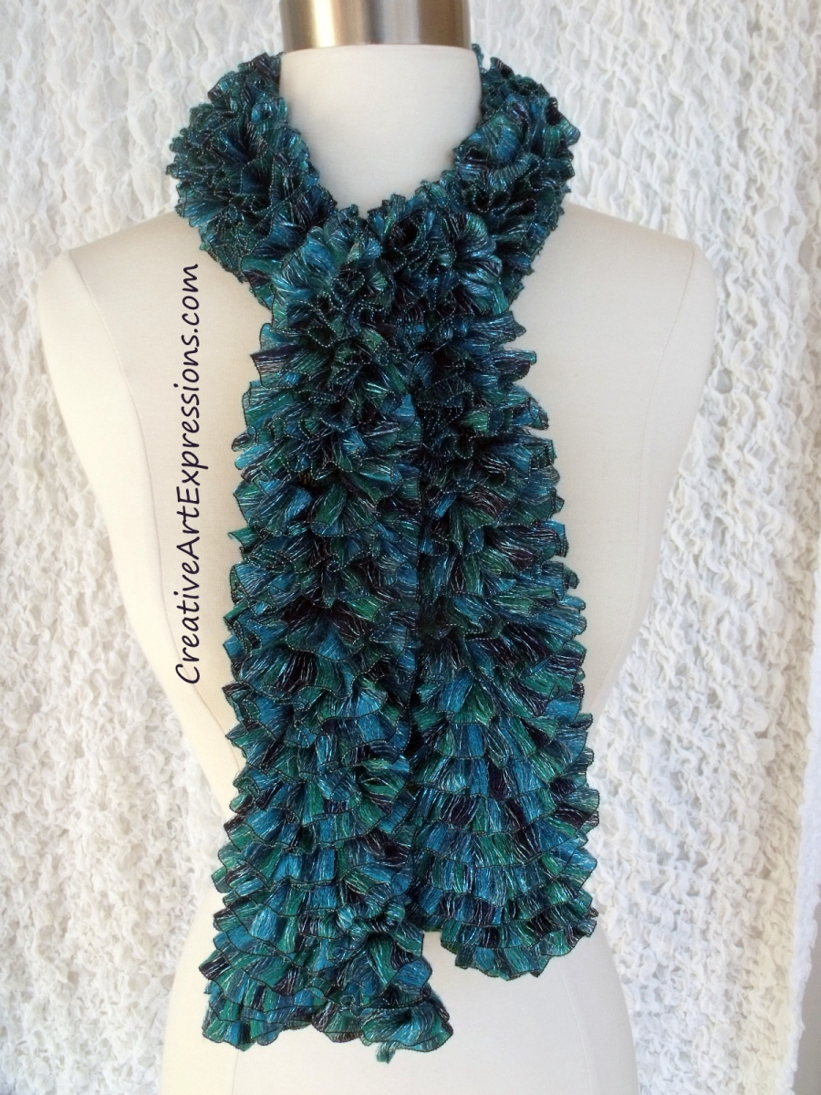 Creative Art Expressions Hand Knitted Teal & Turquoise Sassy Ribbon Scarf