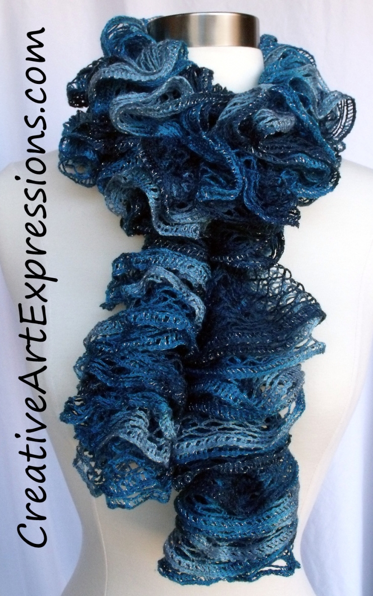 Creative Art Expressions Hand Knitted Shades of Turquoise Ruffle Scarf