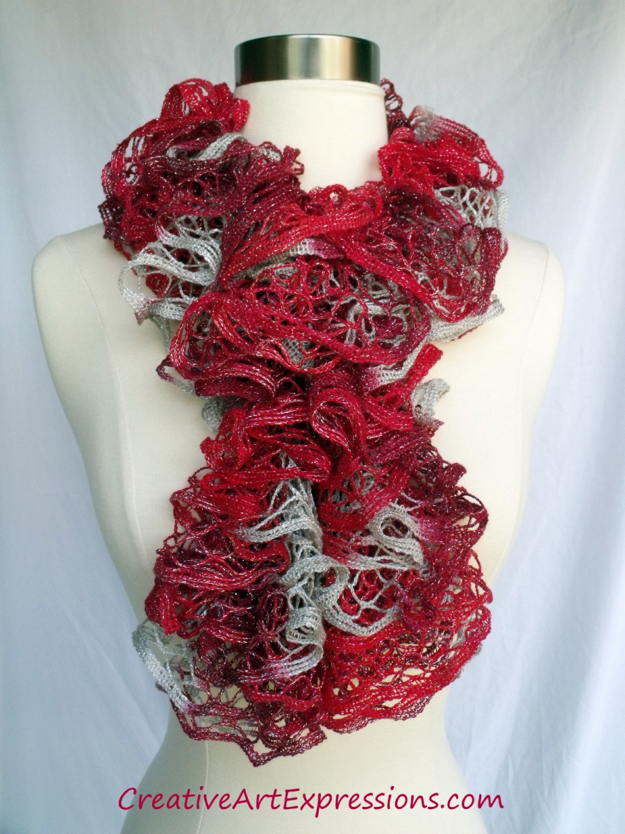 Creative Art Expressions Hand Knit Crimson Christmas Ruffle Scarf