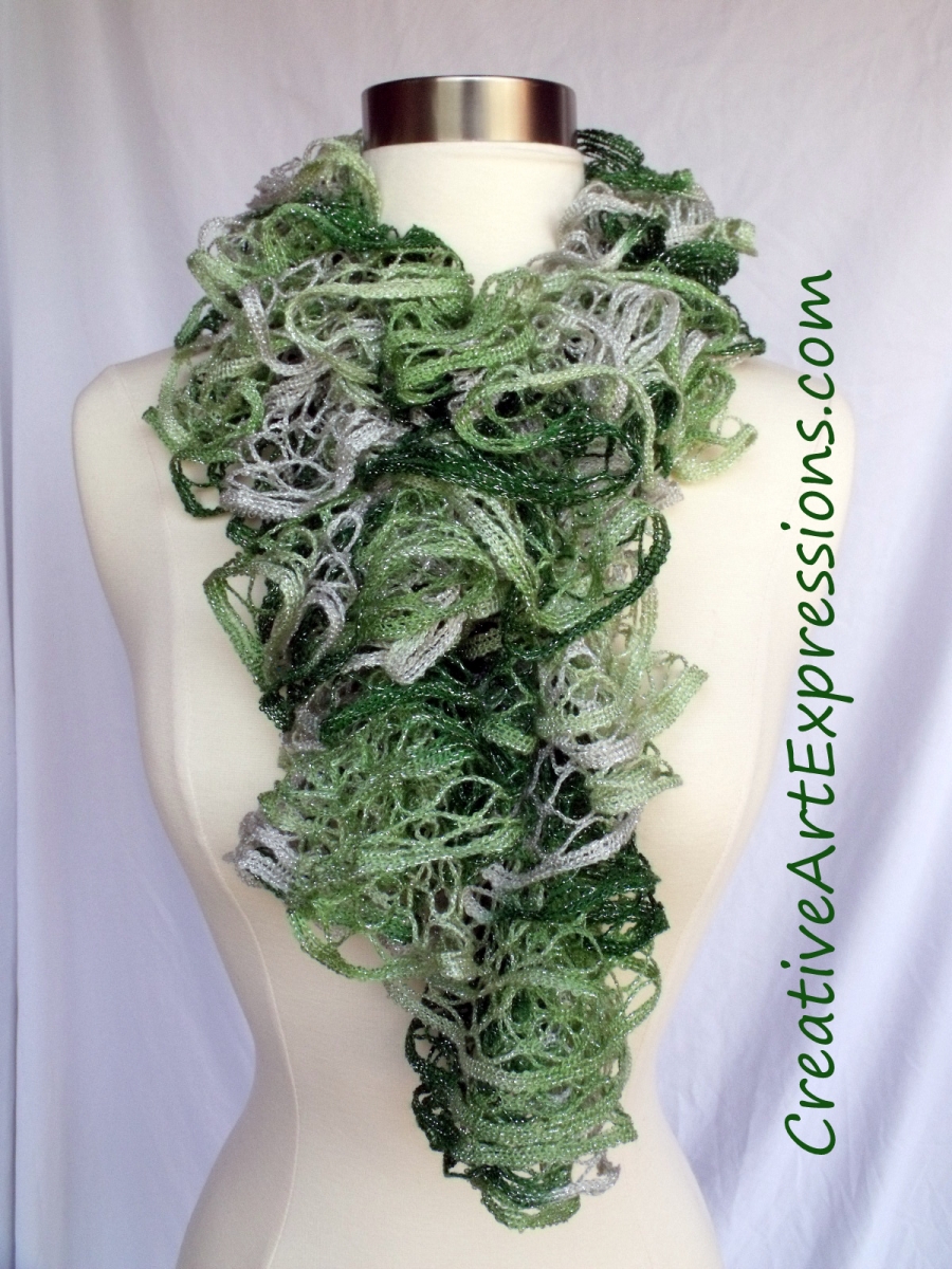 Creative Art Expressions Hand Knit Green Christmas Ruffle Scarf