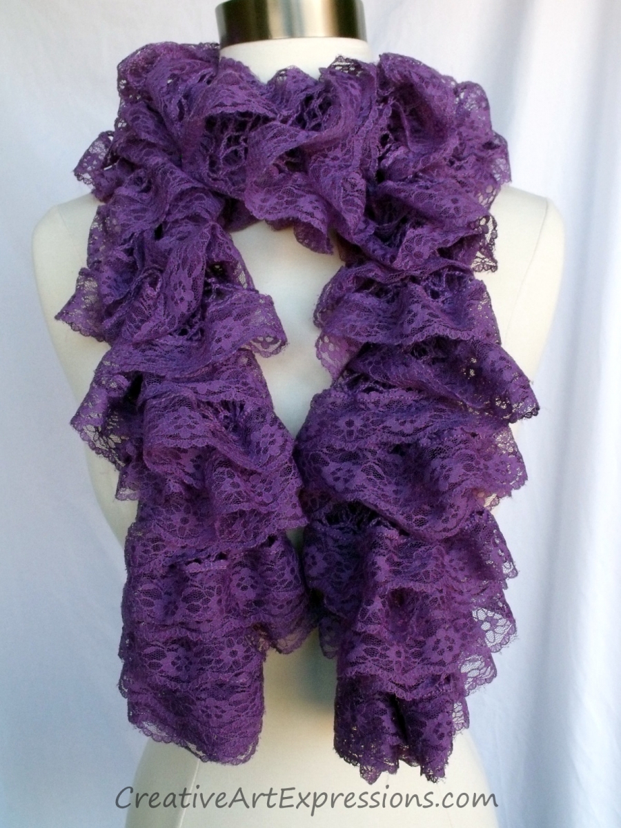 Creative Art Expressions Hand Knit Purple Lace Ruffle Scarf