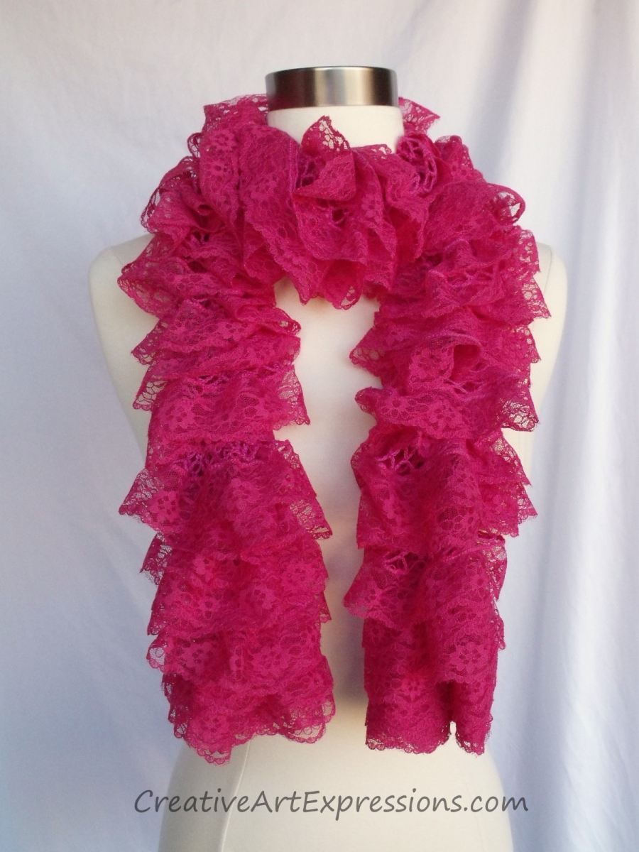 Creative Art Expressions Hand Knit Hot Pink Lace Ruffle Scarf