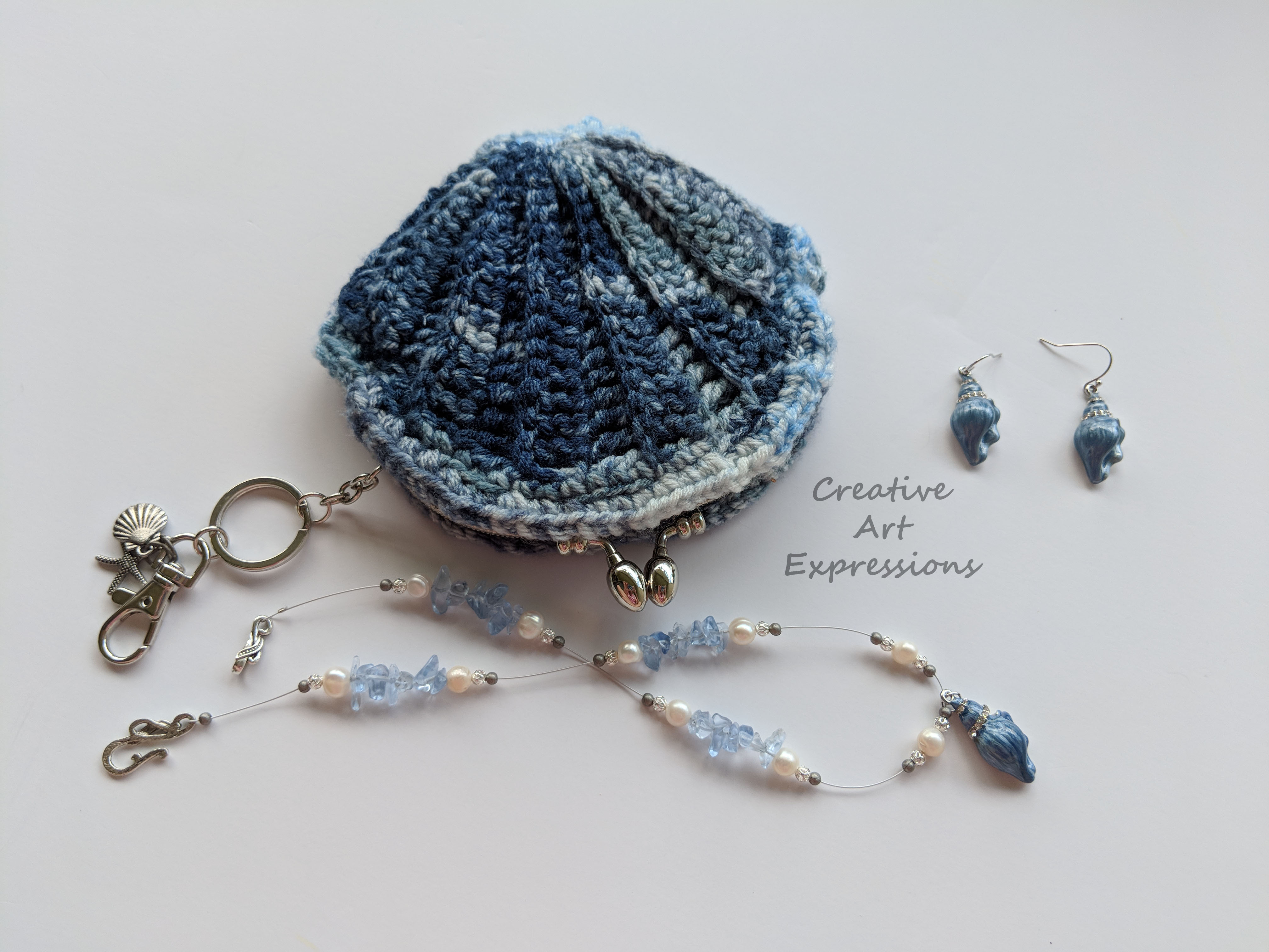 Seashell Clam Coin Purse, Crocheted, Blue & Silver Necklace & Earrings |  Creative Art Expressions