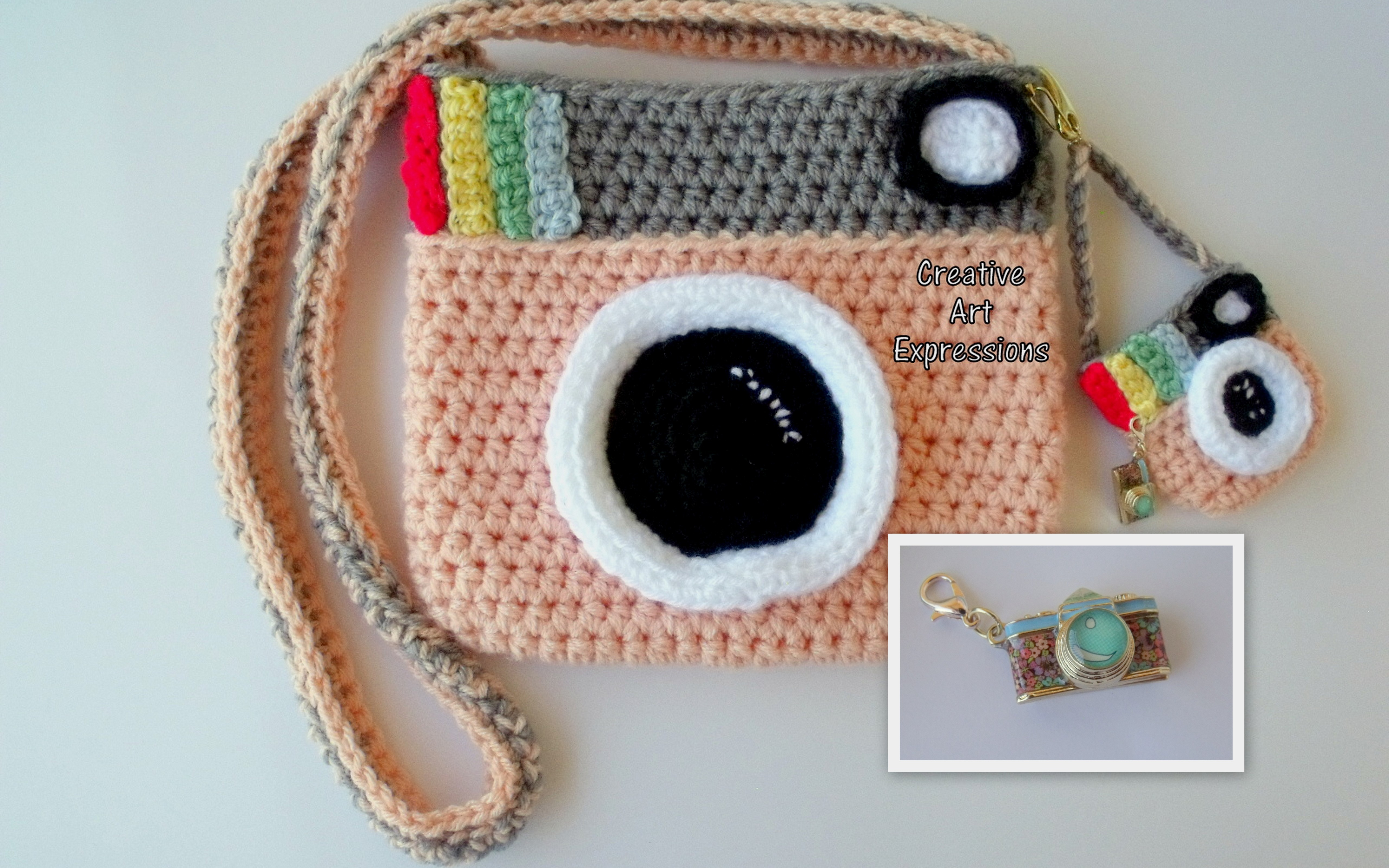 Camera Purse Peach Gray Bag Stylish Crochet Fashion Cute Handmade Fabric Lined Camera Purse Peach Gray Bag Stylish Crochet Fashion Cute Handmade Fabric Lined