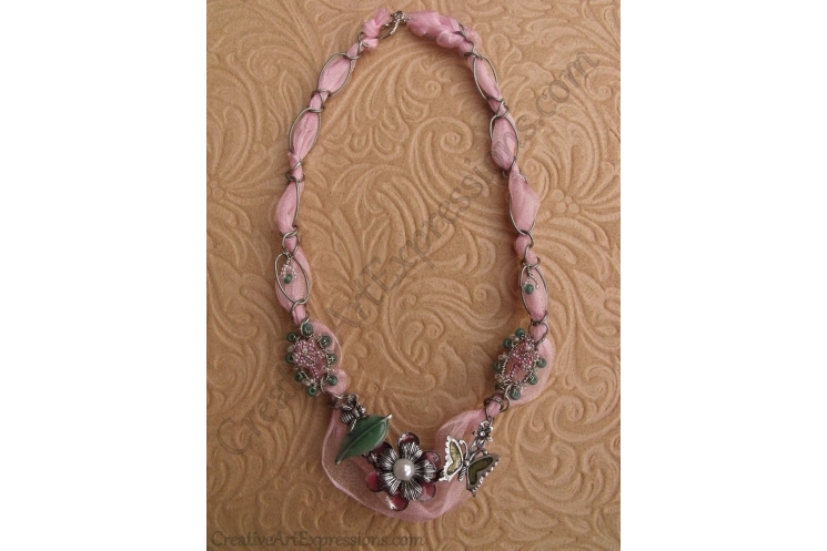 Creative Art Expressions Handmade Pink Wire Wrapped & Ribbon Necklace Jewelry