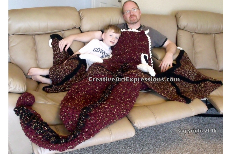 Dragon Blanket Crocheted Adult Teen Burgundy & Gold