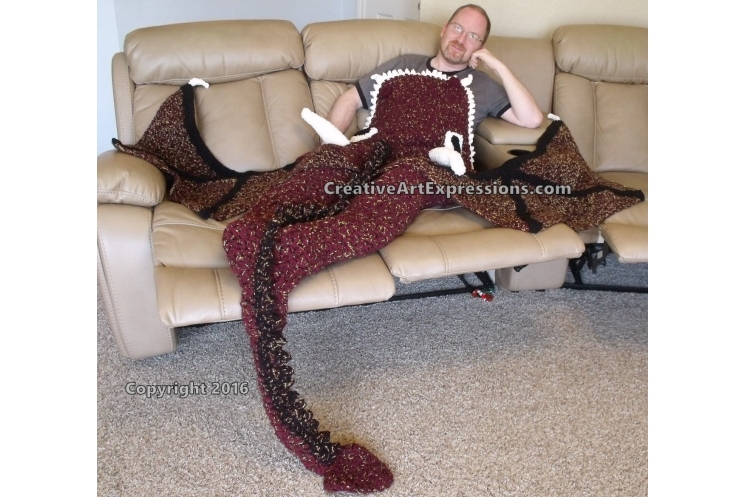 Dragon Blanket Crocheted Adult Teen Burgundy & Gold