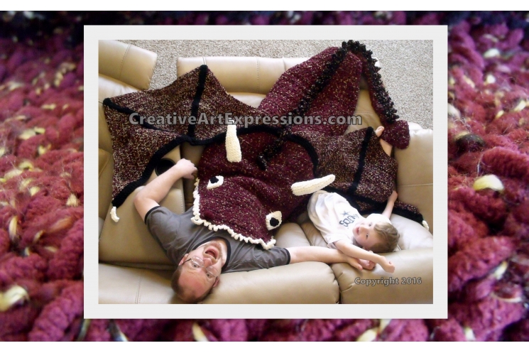 Dragon Blanket Crocheted Adult Teen Burgundy & Gold