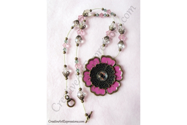 Creative Art Expressions Handmade Pink & Gold Crystal Flower Necklace Jewelry