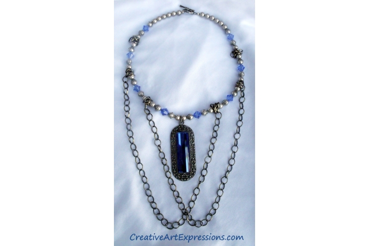 Creative Art Expressions Handmade Blue Platinum & Chain Necklace Jewelry Design