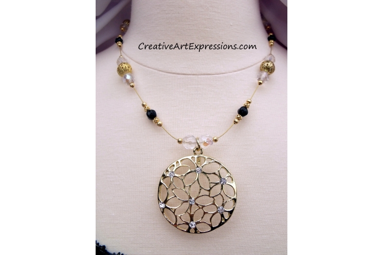 Creative Art Expressions Handmade Gold Black & Crystal Necklace Jewelry Design