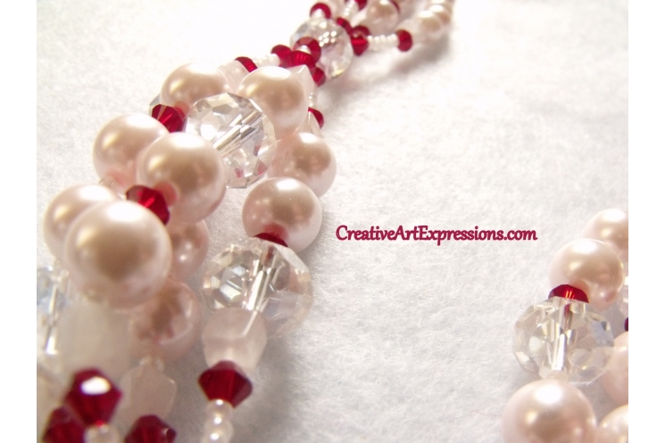 Creative Art Expressions Handmade Red & White Pearl & Crystal Necklace Jewelry