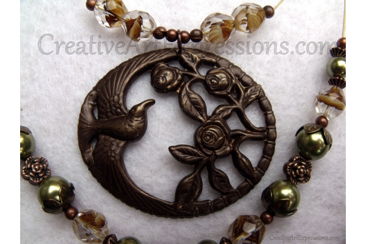 Brown Green & Brass 3 Strand Bird Necklace Jewelry