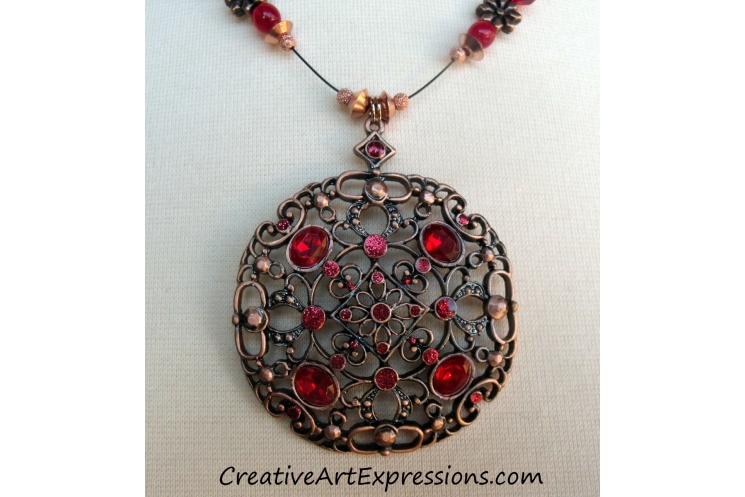 Red & Antique Copper Necklace & Earring Set Jewelry Design
