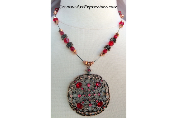 Creative Art Expressions Handmade Red & Antique Copper Necklace & Earring Set Je