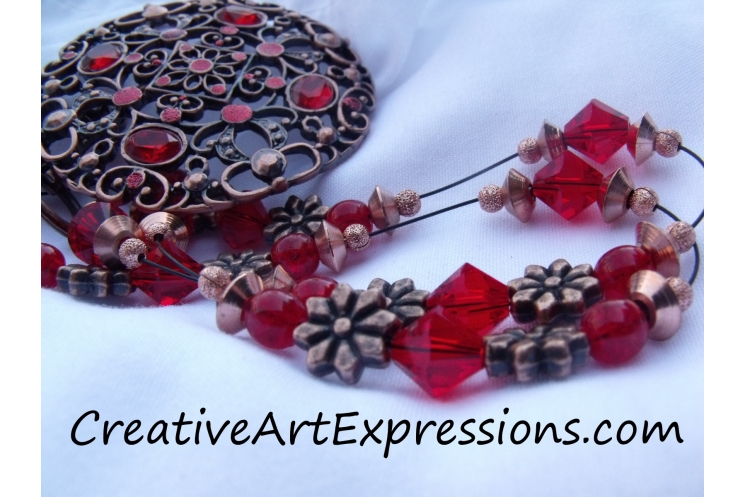 Creative Art Expressions Handmade Red & Antique Copper Necklace & Earring Set Je