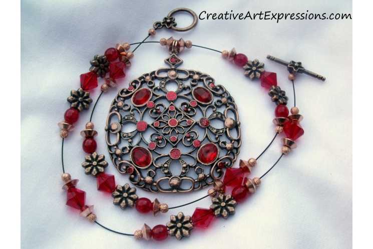 Red & Antique Copper Necklace & Earring Set Jewelry Design