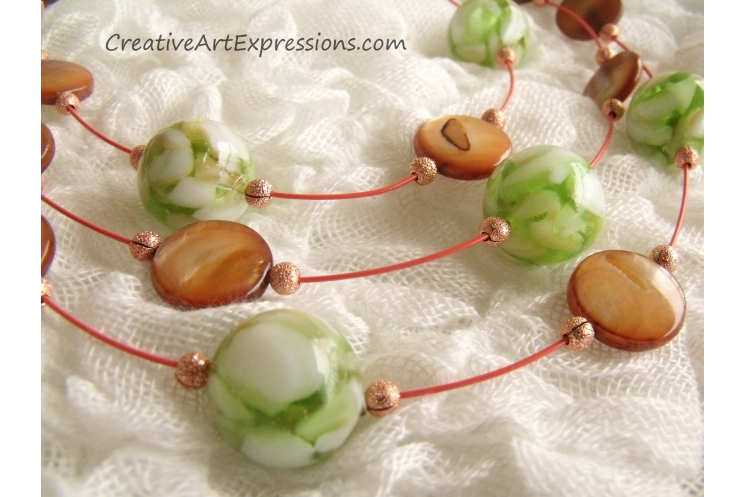Handmade Green Brown Mother of Pearl 3 Strand Necklace