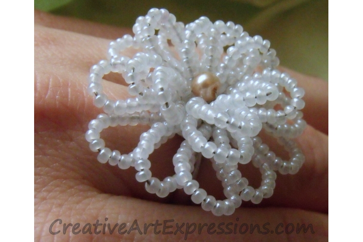 Creative Art Expressions Handmade White Seed Bead Flower Ring Jewelry Design