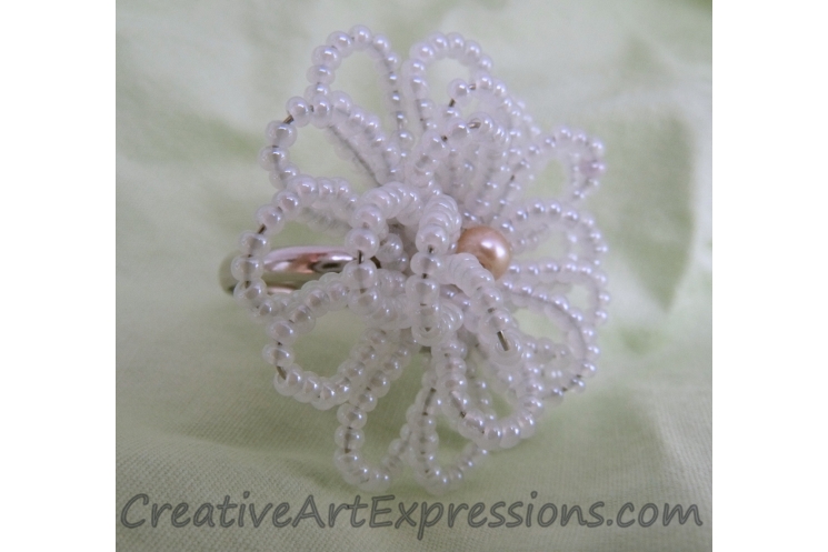 Creative Art Expressions Handmade White Seed Bead Flower Ring Jewelry Design
