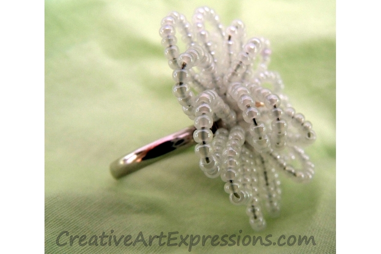 Creative Art Expressions Handmade White Seed Bead Flower Ring Jewelry Design