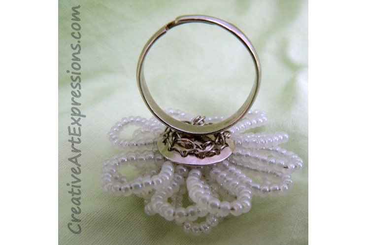 Creative Art Expressions Handmade White Seed Bead Flower Ring Jewelry Design