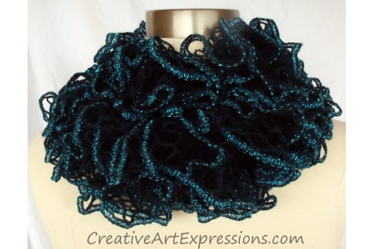 Creative Art Expressions Hand Knitted Peacock Ruffle Scarf