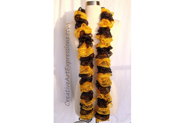 Creative Art Expressions Hand Knitted Black & Gold Ruffle Scarf