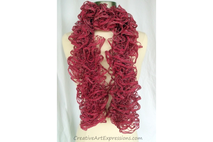 Creative Art Expressions Hand Knitted Rosewood Red Ruffle Scarf