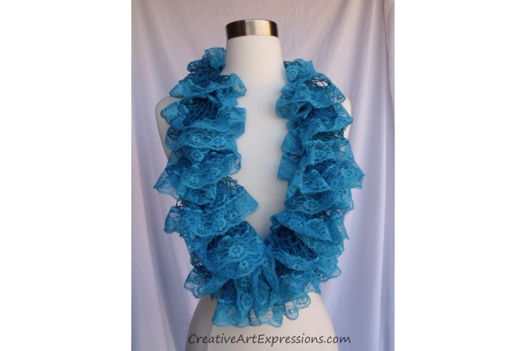 Creative Art Expressions Hand Knit Turquoise Lace Ruffle Scarf