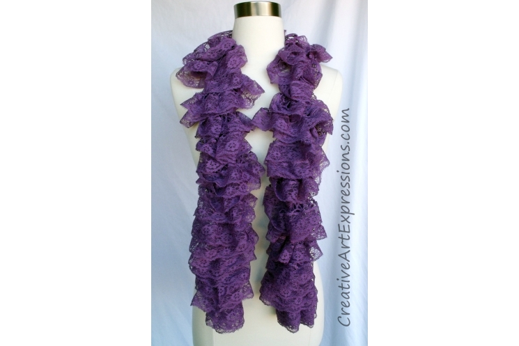 Creative Art Expressions Hand Knit Purple Lace Ruffle Scarf