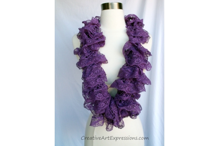 Creative Art Expressions Hand Knit Purple Lace Ruffle Scarf