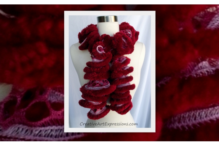 Hand Knit Furry Red Ruffle Scarf
