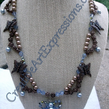 Creative Art Expressions Handmade Blue & Bronze Pearl Butterfly Necklace