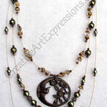 Creative Art Expressions Handmade Brown Green & Brass 3 Strand Bird Necklace Jew