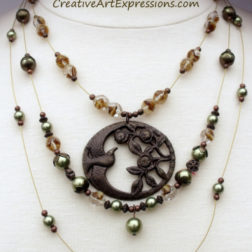 Creative Art Expressions Handmade Brown Green & Brass 3 Strand Bird Necklace Jew