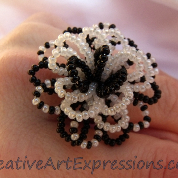 Creative Art Expressions Handmade Black & White Seed Bead Flower Ring Jewelry De