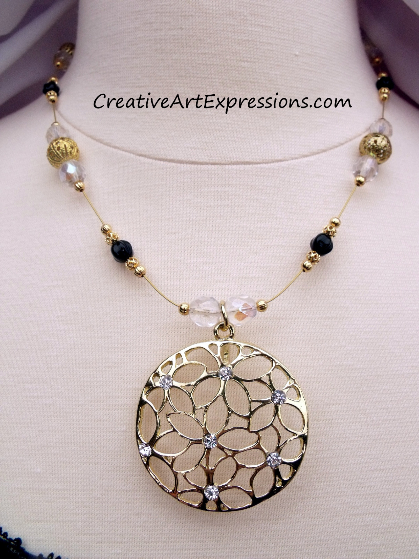 Creative Art Expressions Handmade Gold Black & Crystal Necklace Jewelry