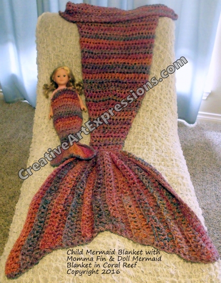 Child Mermaid Blanket with Mama Fin and Doll Blanket in Coral Reef