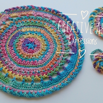 Rainbow Place Mat, Coasters , Napkin Rings Set, Crocheted Coasters, Round, Elegant, Large, Made to Order, Tie Dye Look, Bright, Cotton Coasters, Home Decor, Kitchen Decor, Rainbow Place Mat, Coasters , Napkin Rings Set, Crocheted Coasters, Round, Elegant, Large, Made to Order, Tie Dye Look, Bright, Cotton Coasters, Home Decor, Kitchen Decor,